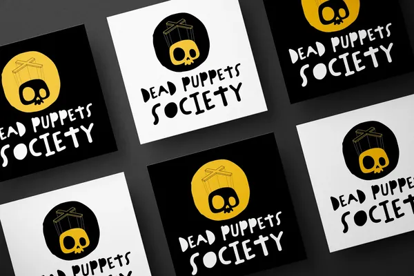 Dead Puppets Society logo shown across six black, white and yellow tiles, pairing a marionette skull mark with hand-drawn lettering.