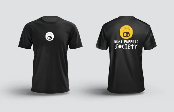 Black t-shirt shown front and back, with a small skull mark on the chest and the full Dead Puppets Society logo in yellow and white across the back.
