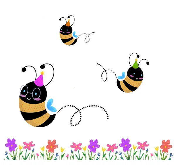 Illustration of three cartoon bees flying above a row of flowers, with dotted flight paths trailing behind them.