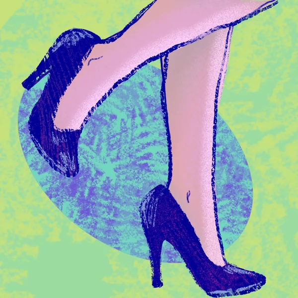 Illustration of crossed legs in blue heels and pink tights against a yellow-green background.