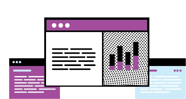 Flat illustration of overlapping browser windows holding text, a bar chart, and code, on a purple background.