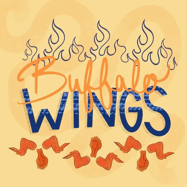 Illustration reading Buffalo Wings in layered lettering, with flames above and chicken wings below, on a cream background.