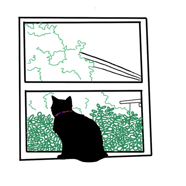 Line drawing of a black cat sitting in a window frame with foliage visible outside.