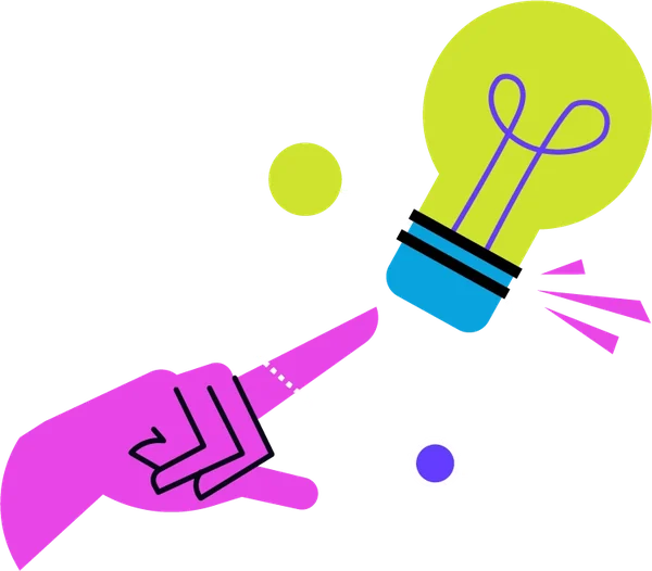 Stylized illustration of a purple hand pointing with a finger at a yellow light bulb, with orbiting dots around the bulb and a small yellow circle connected to it, representing ideas and innovation.