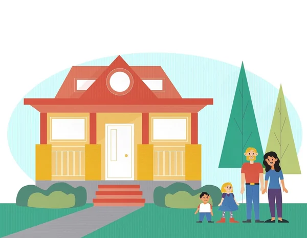 Flat illustration of a family of four walking toward a red-roofed house with a tree beside it.