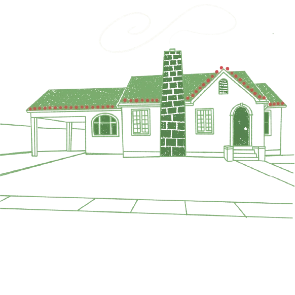 Green line drawing of a two-story house with a covered porch, on black.