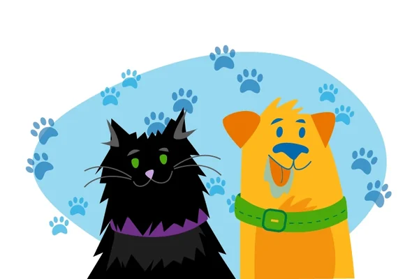 Illustration of a black cat and a yellow dog side by side against a blue oval scattered with paw prints.