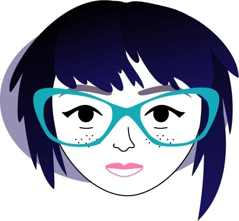Portrait illustration of a person with a blue bob, teal glasses, and freckles.