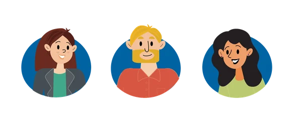 Three circular portrait illustrations of different people on a dark background.