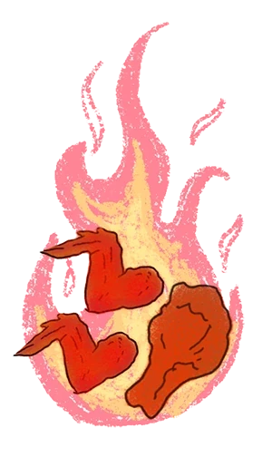 Illustration of a chicken formed out of flames in pink, orange, and red on black.