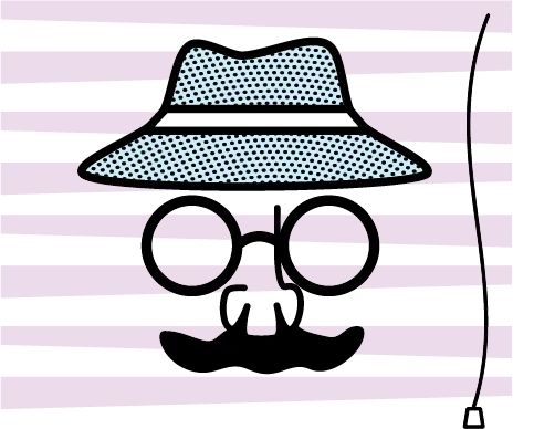 Illustration of a bucket hat and round glasses where a face would be, on a magenta and black striped background.