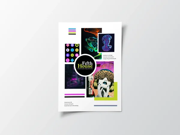 FifthHouse mood board sheet with color chips, type samples, and collaged imagery in lime, magenta, and purple.