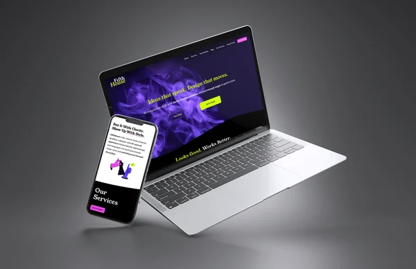 The FifthHouse website on a laptop and phone, with a purple smoke background and lime type.