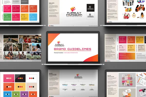 Grid of spreads from the FlameLily brand guidelines, showing color palettes, photography direction, and layout examples around a cover page reading Brand Guidelines.