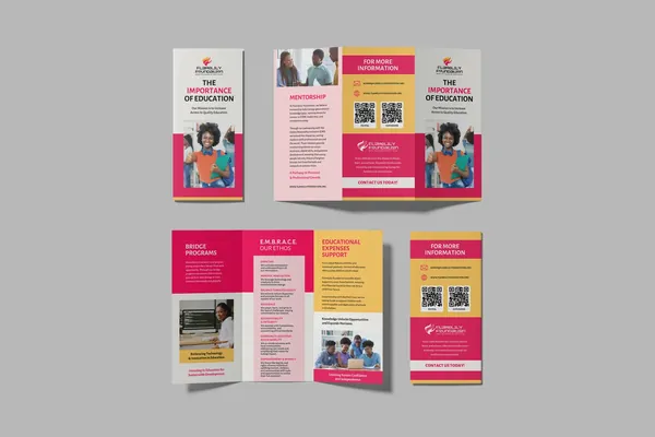 Trifold FlameLily brochure shown open and closed, with photographs of women and children and a section on the importance of education.