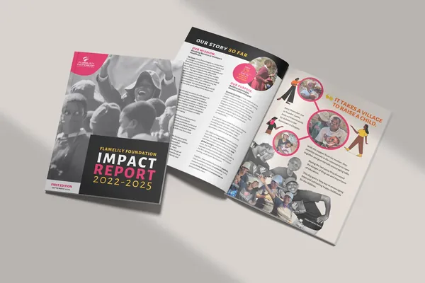 Open FlameLily impact report with a black and white cover photograph, the title Impact Report 2024 to 2025, and inside pages set with pink and red section headings.