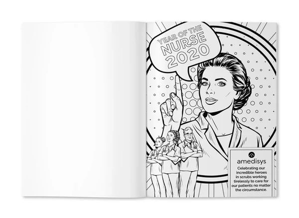 Open coloring book page with a line drawing of a nurse and a Year of the Nurse 2020 speech bubble.