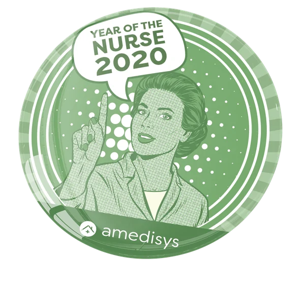 Circular Year of the Nurse 2020 magnet with a halftone illustration of a nurse pointing upward and the Amedisys logo at the base.