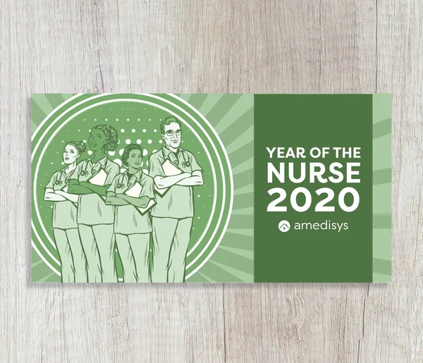 Year of the Nurse 2020 direct mail piece on a wooden surface, with an illustrated group of caregivers beside the campaign title.