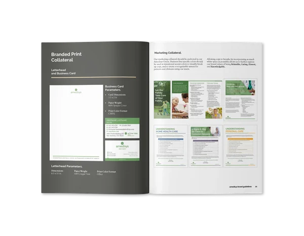 Open brand guidelines booklet displaying branded print collateral, letterhead, and business card design on the left page and marketing collateral examples with text and images on the right page.