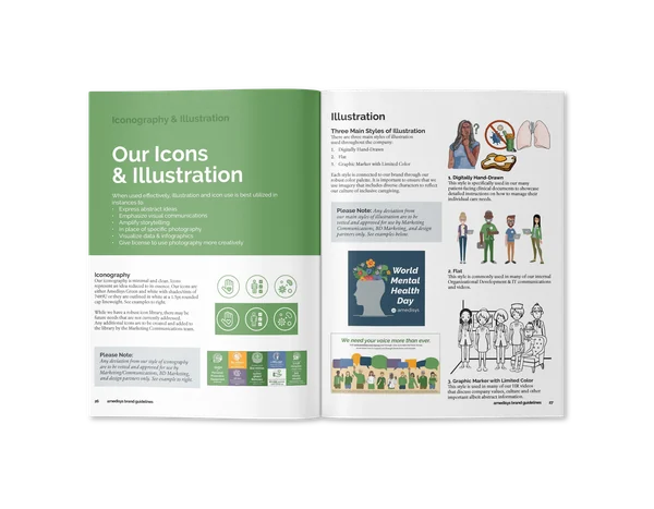 Open brand guidelines book showing two pages about icons and illustration styles, with text, images, and diagrams.