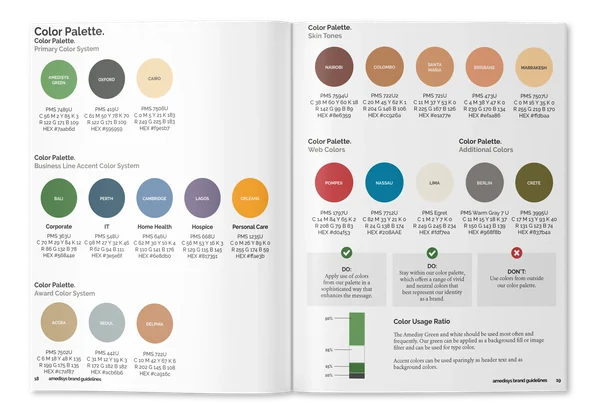 Spread from a branding guideline booklet showing various color palettes, including primary, business line accent, corporate, award, skin tones, web colors, and additional colors, with their respective color swatches and codes.