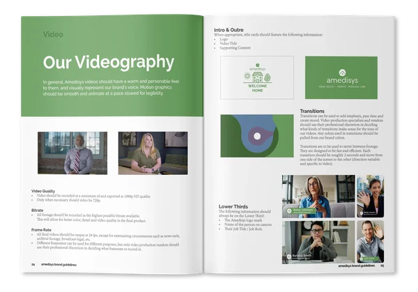 Open brand guideline booklet with a green section titled 'Our Videography' on the left page and a white section on the right page. The left page features two small images of people in professional settings, with text below about video quality, bitrate, and frame rate. The right page contains sections on intro and outro, transitions, lower thirds with images of people, and example lower third graphics, along with descriptive text.