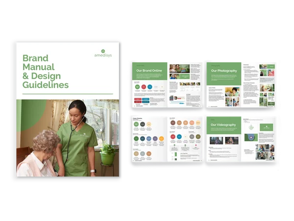 Open booklet titled 'Brand Manual & Design Guidelines' with a cover image of a healthcare worker in green scrubs taking care of an elderly patient, inside pages showing sections on brand online, photography, videography, and color palette.