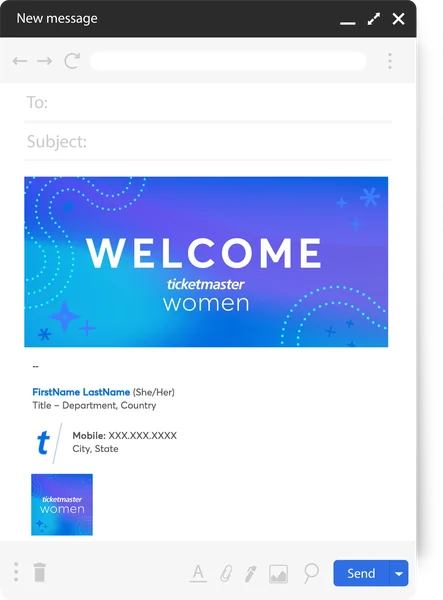 A digital invitation for Ticketmaster Women features a blue gradient background with decorative patterns, and displays the words "WELCOME ticketmaster women" in large white and light blue font.