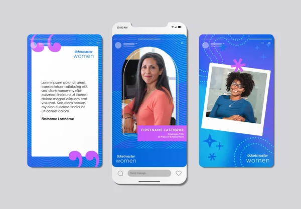 Three digital screens featuring Women Ticketmaster designs. The first screen has placeholder text with purple quotation marks at the corners. The second screen displays a woman with long dark hair in an orange top, with a purple label showing her name and role. The third screen features a smiling woman with curly hair and glasses, with a Polaroid-style photo overlay and decorative blue background elements.